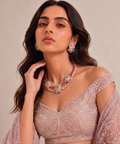 Raani Baag Pink Ruby Flower with CZ and Mint green Set