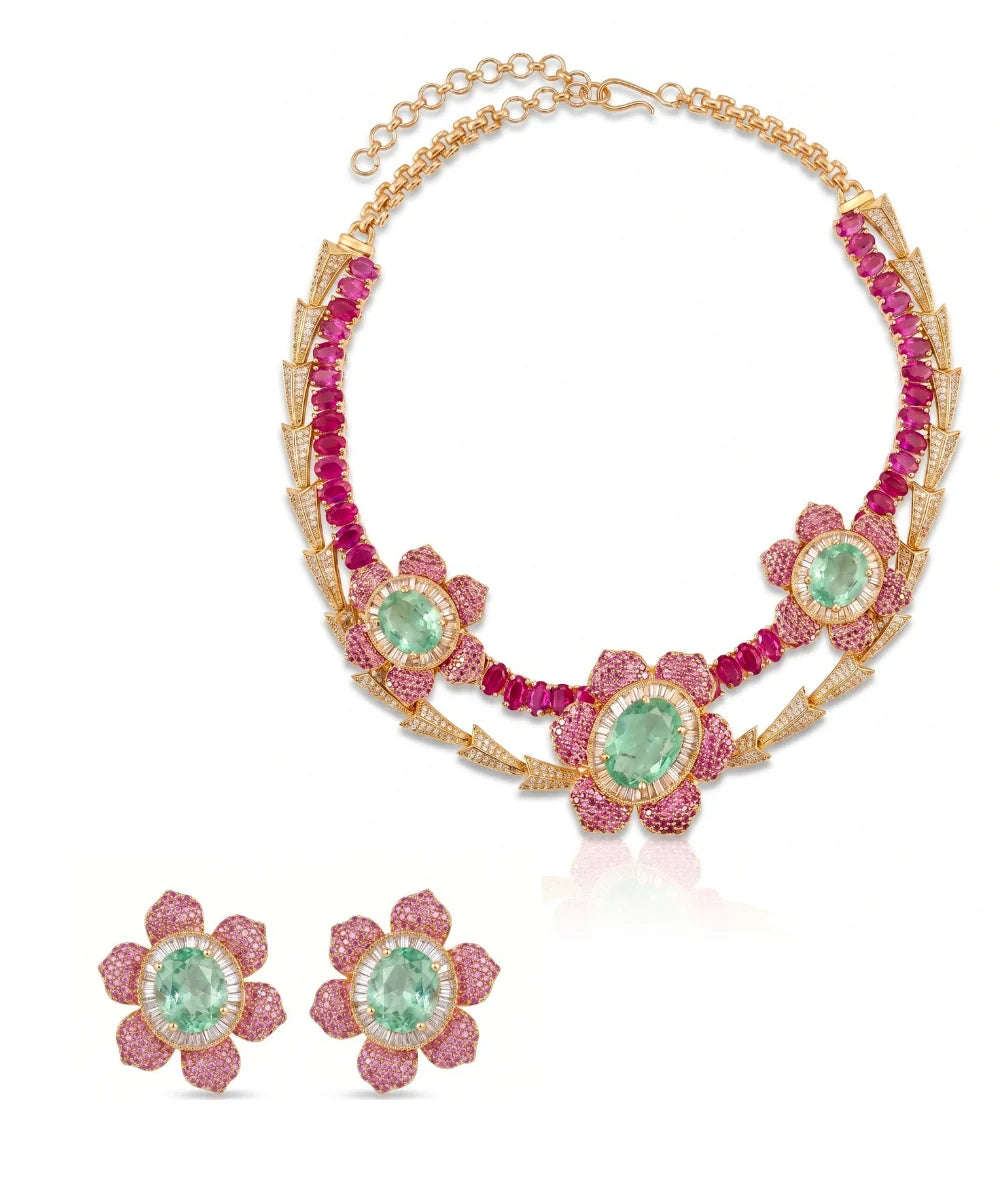 Raani Baag Pink Ruby Flower with CZ and Mint green Set