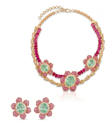 Raani Baag Pink Ruby Flower with CZ and Mint green Set
