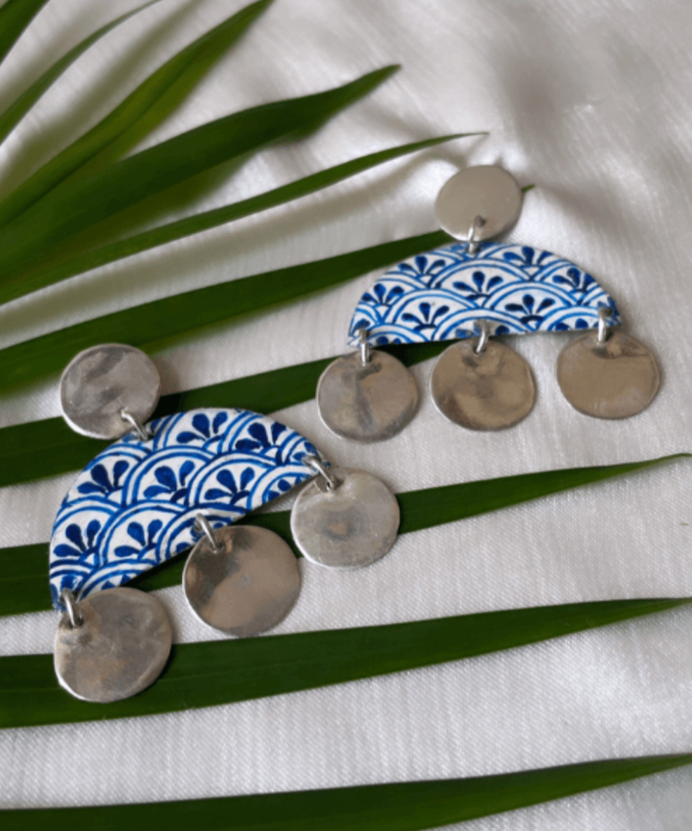 TRADITIONAL BLUE POTTERY MOTIF HAND PAINTED EARRINGS