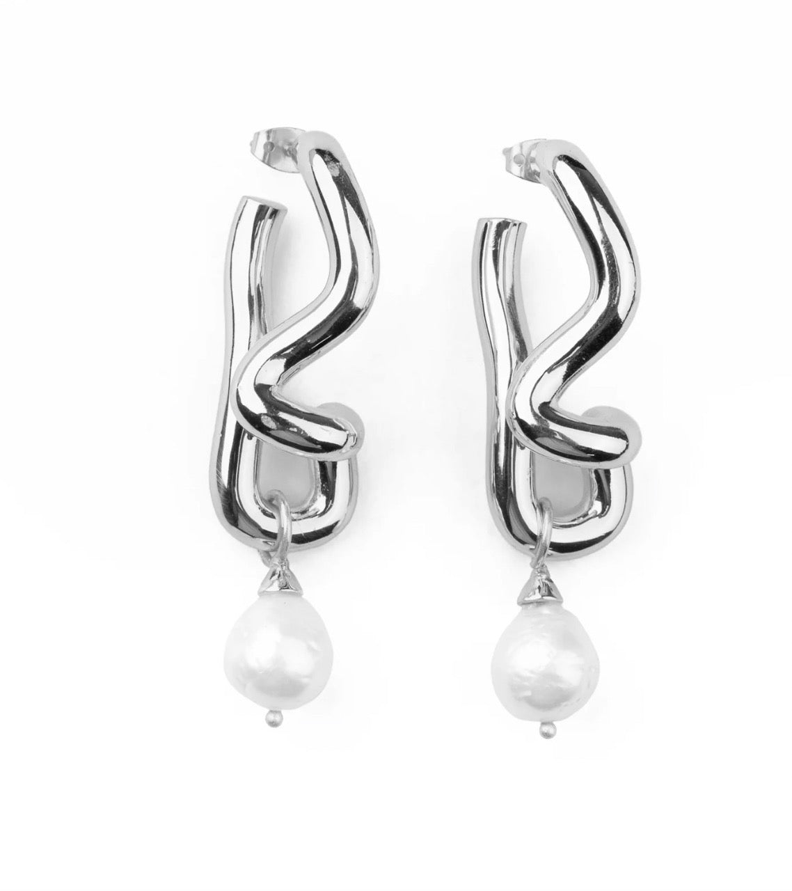 FREEFORM PEARL DROP SILVER HOOPS