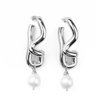 FREEFORM PEARL DROP SILVER HOOPS