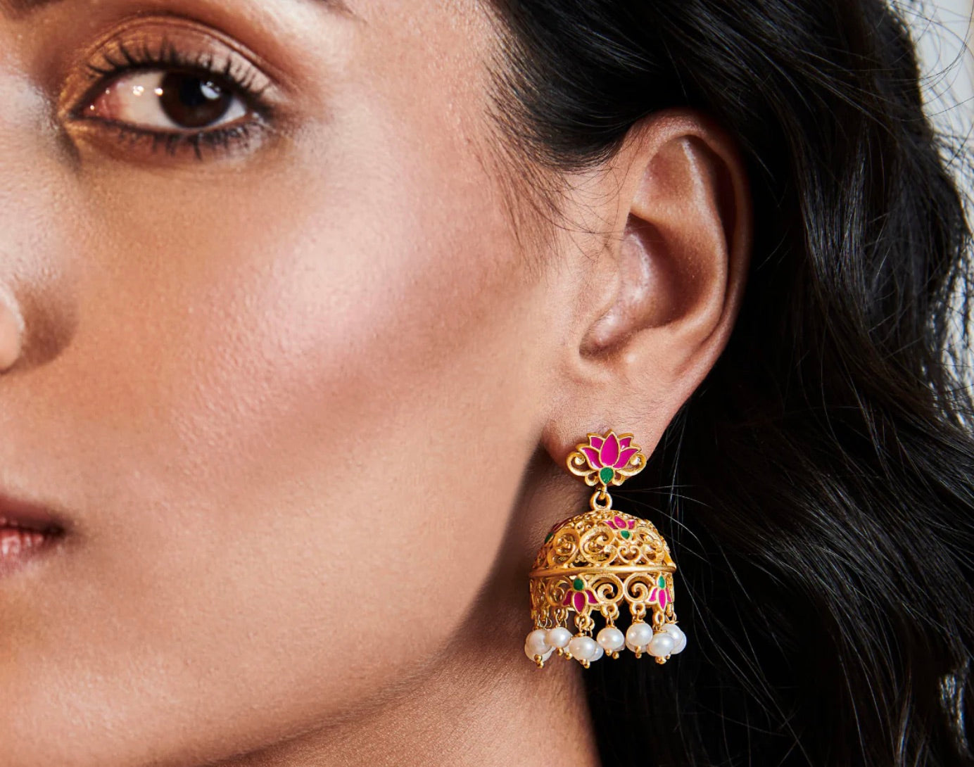 GUL LOTUS JHUMKAS IN PINK ENAMEL
