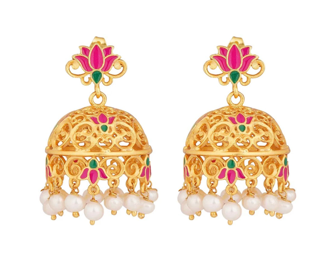 GUL LOTUS JHUMKAS IN PINK ENAMEL