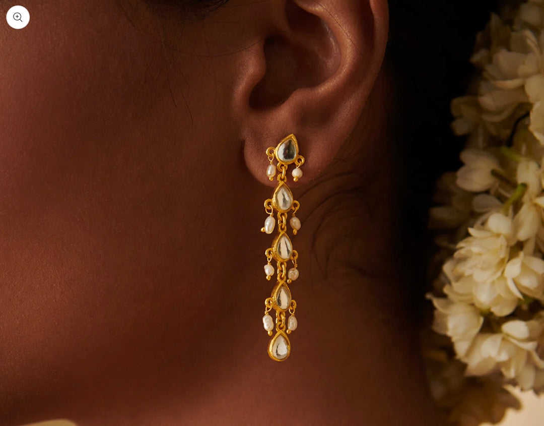 DIVINE PEARL DROPS EARRINGS WITH MIRROR POLKI AND PEARLS