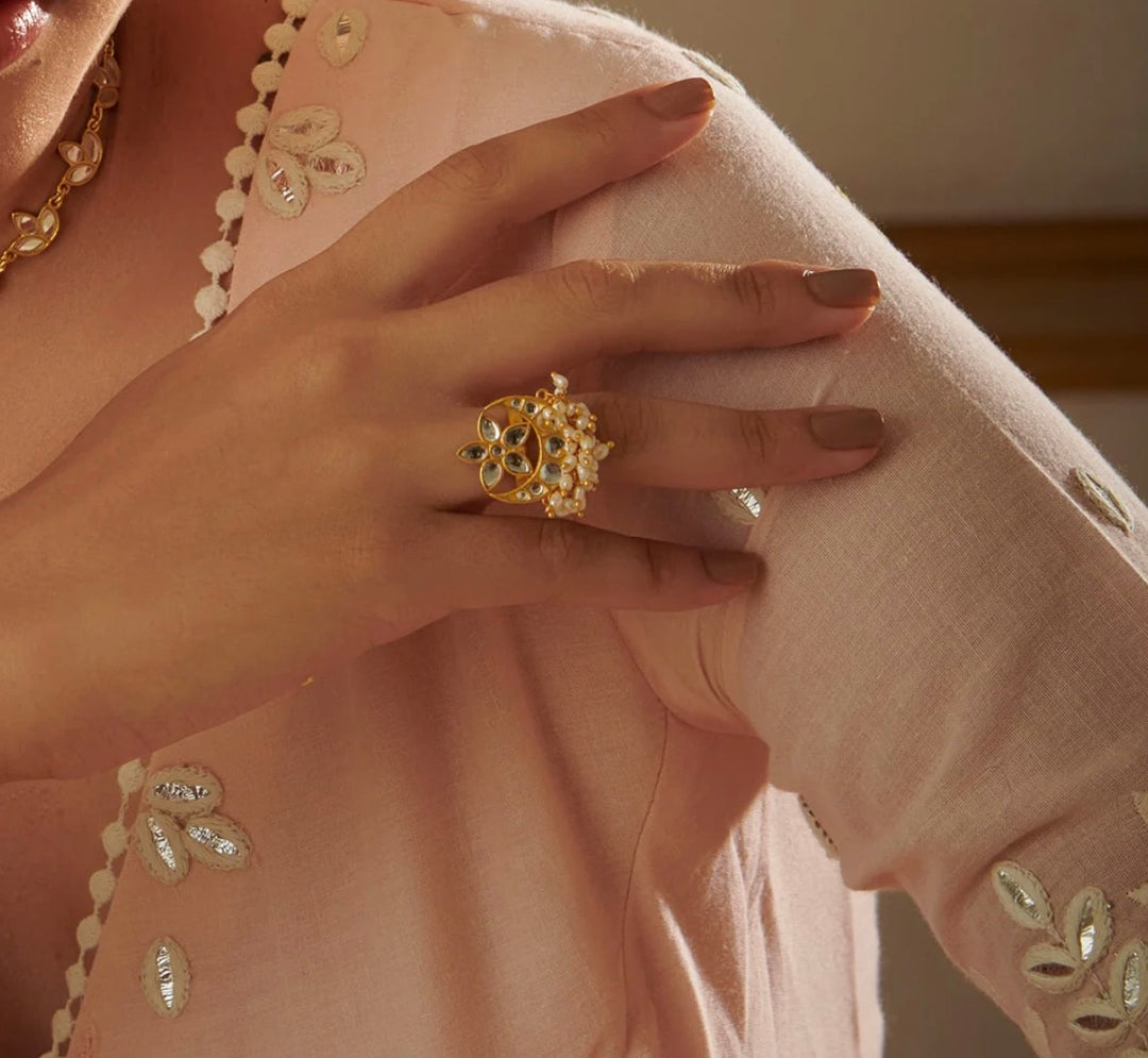 CHAND PHOOL RING WITH MIRROR POLKI AND PEARLS