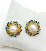 Load image into Gallery viewer, BLOOMING WREATH PEARL STUDS WITH BLUE ENAMEL
