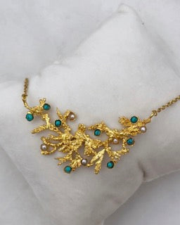 BRANCHING PENDANT WITH TURQUOISE AND PEARL BUDS