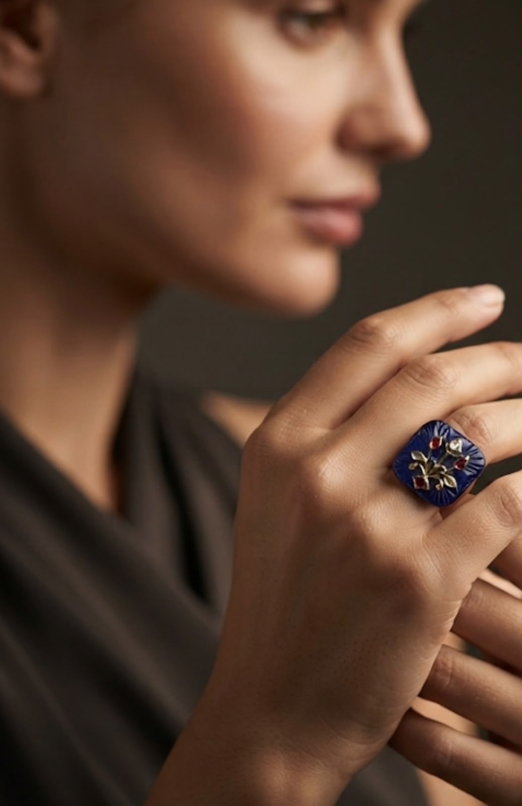 The Maya Carved Lapis Botanical Ring