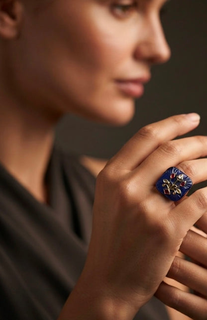 The Maya Carved Lapis Botanical Ring