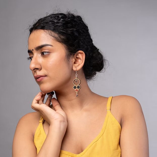 WHE Ajrakh Black Repurposed Fabric and Wood Round Danglers