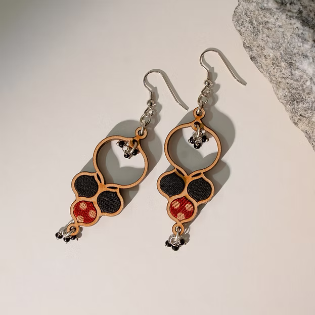 WHE Ajrakh Black Repurposed Fabric and Wood Round Danglers