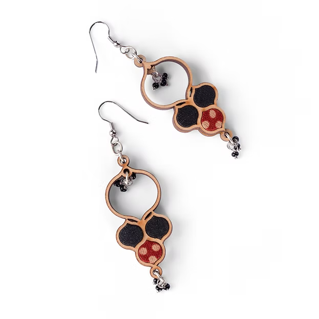 WHE Ajrakh Black Repurposed Fabric and Wood Round Danglers
