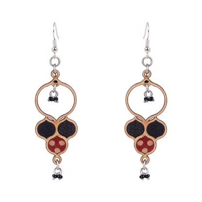 WHE Ajrakh Black Repurposed Fabric and Wood Round Danglers