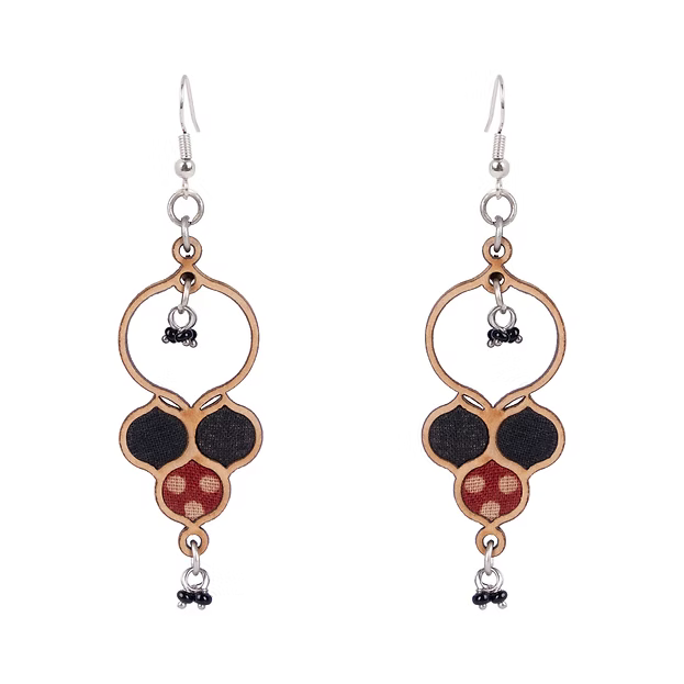 WHE Ajrakh Black Repurposed Fabric and Wood Round Danglers