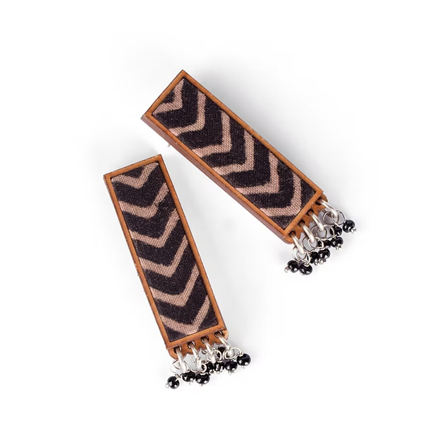 WHE Ajrakh Black Repurposed Fabric and Wood Studs with beads