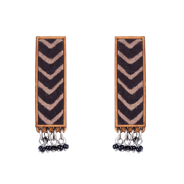 WHE Ajrakh Black Repurposed Fabric and Wood Studs with beads