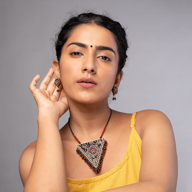 WHE Ajrakh Multicolour Repurposed Fabric and Wood Stud Earrings
