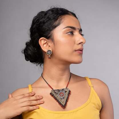 WHE Ajrakh Multicolour Repurposed Fabric and Wood Stud Earrings