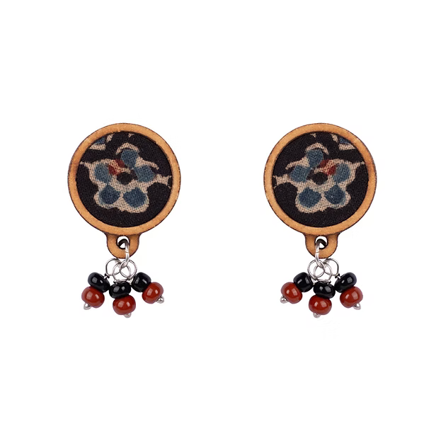 WHE Ajrakh Multicolour Repurposed Fabric and Wood Stud Earrings