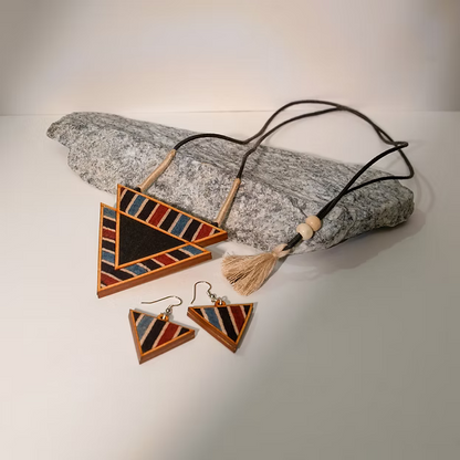 WHE Black Ajrakh Repurposed Fabric and Wood Triangular Necklace