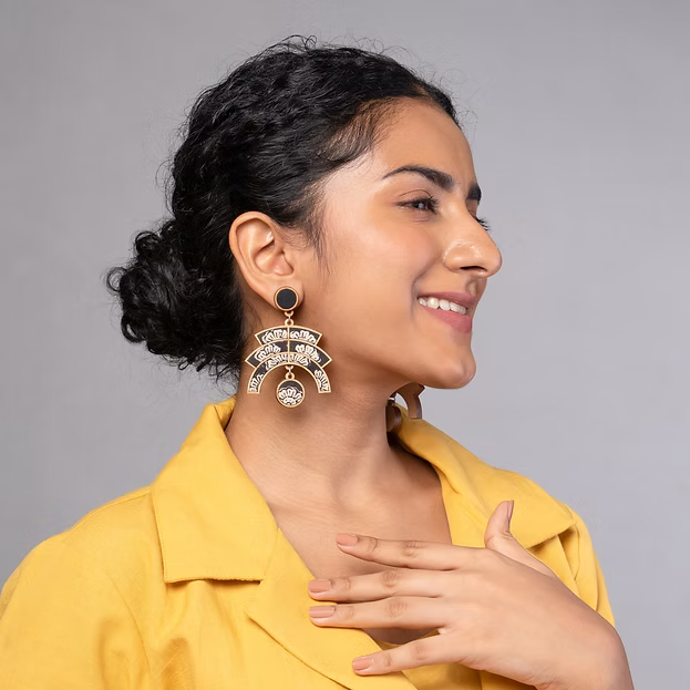 WHE Black Kalamkari Floral Arch Repurposed Fabric and Wood Statement Earrings