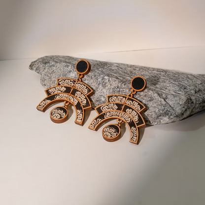 WHE Black Kalamkari Floral Arch Repurposed Fabric and Wood Statement Earrings