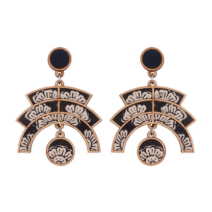 WHE Black Kalamkari Floral Arch Repurposed Fabric and Wood Statement Earrings