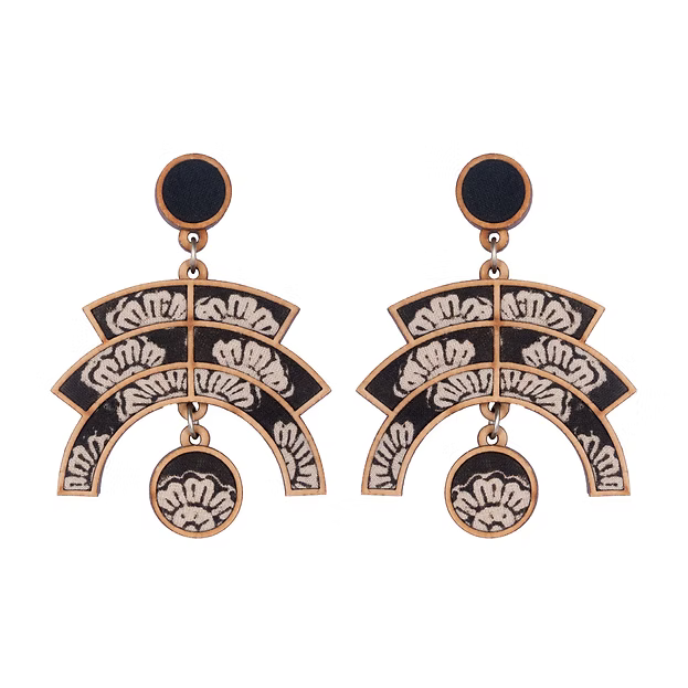 WHE Black Kalamkari Floral Arch Repurposed Fabric and Wood Statement Earrings