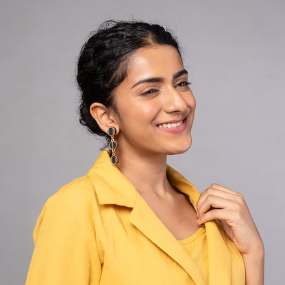 WHE Black Repurposed Fabric and Wood Connecting Round Earrings