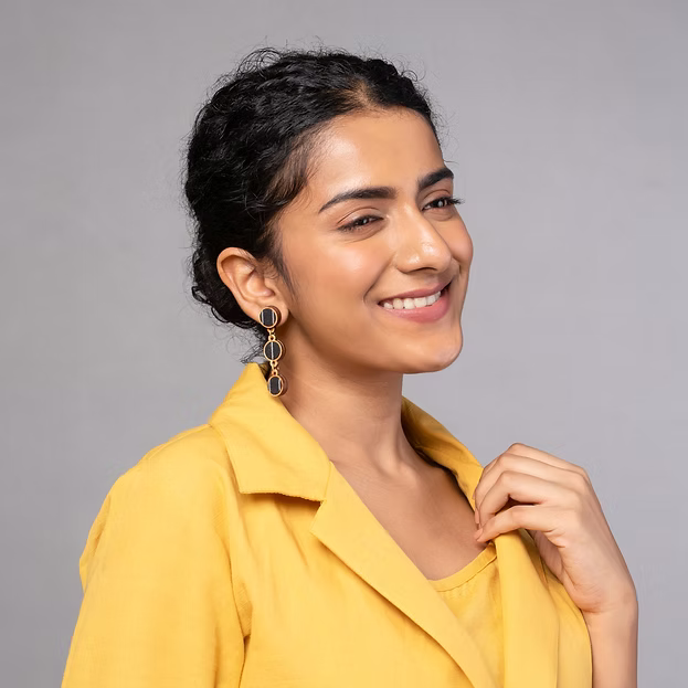WHE Black Repurposed Fabric and Wood Connecting Round Earrings