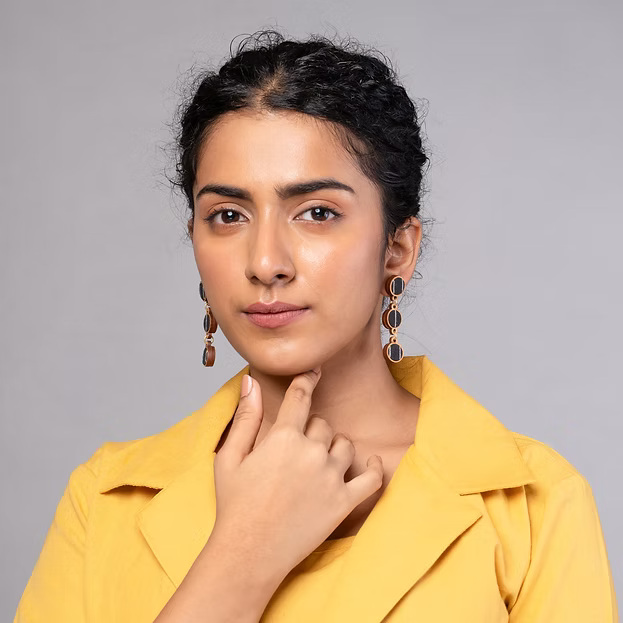 WHE Black Repurposed Fabric and Wood Connecting Round Earrings