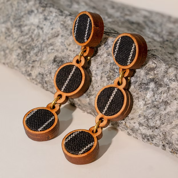 WHE Black Repurposed Fabric and Wood Connecting Round Earrings