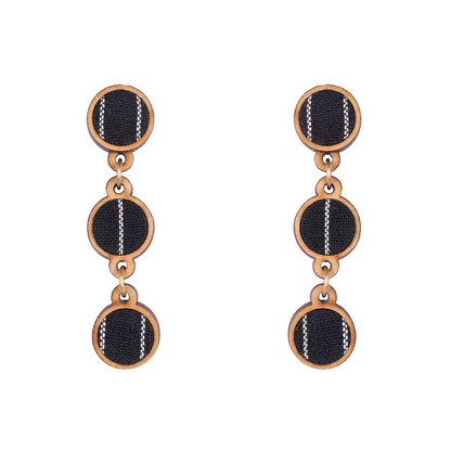 WHE Black Repurposed Fabric and Wood Connecting Round Earrings