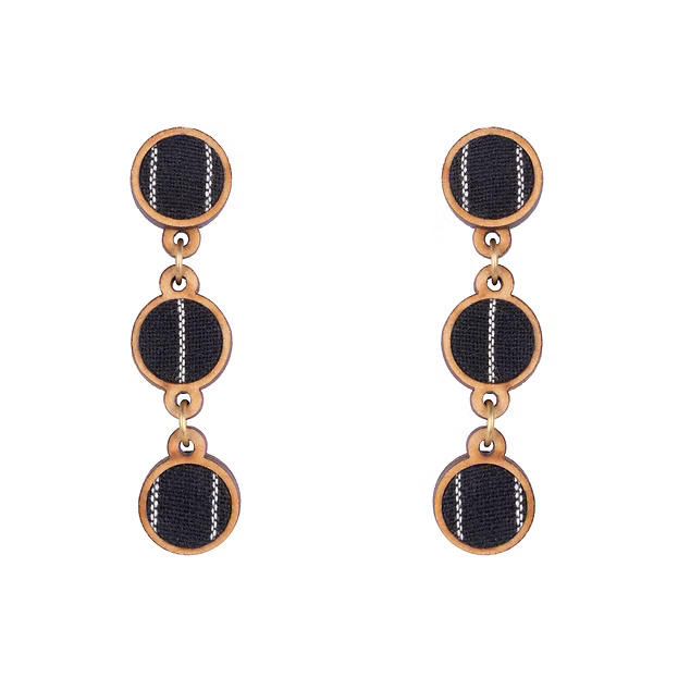 WHE Black Repurposed Fabric and Wood Connecting Round Earrings