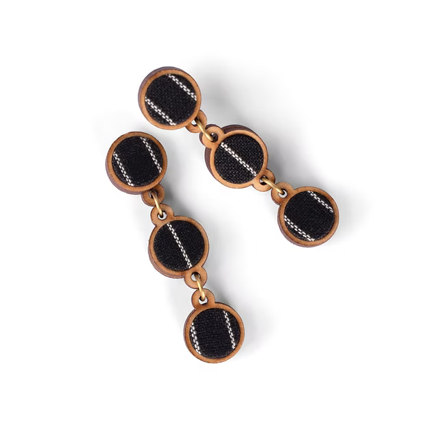 WHE Black Repurposed Fabric and Wood Connecting Round Earrings