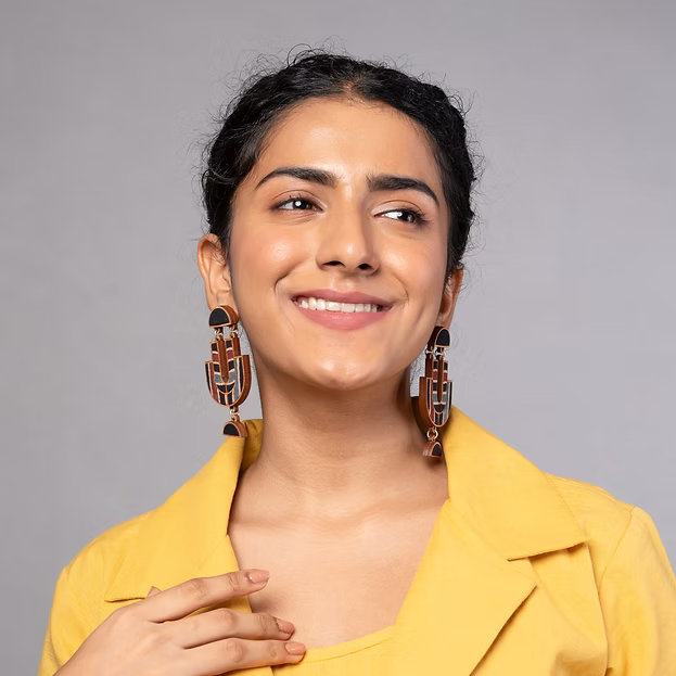 WHE Black Stripe Ajrakh Repurposed Fabric and Wood Earrings