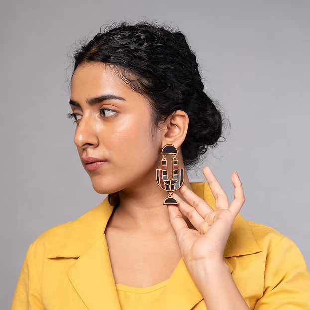 WHE Black Stripe Ajrakh Repurposed Fabric and Wood Earrings