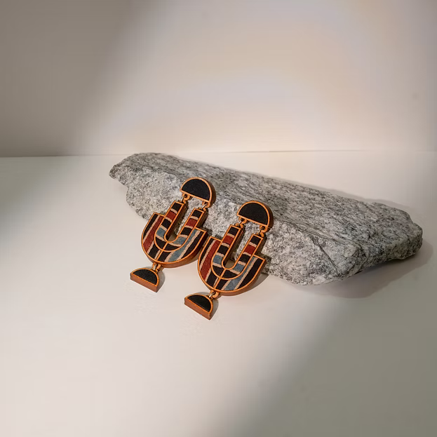 WHE Black Stripe Ajrakh Repurposed Fabric and Wood Earrings