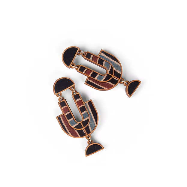 WHE Black Stripe Ajrakh Repurposed Fabric and Wood Earrings