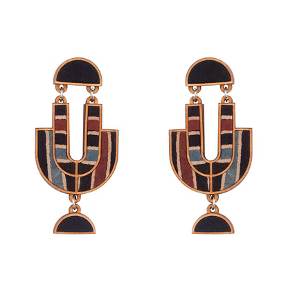 WHE Black Stripe Ajrakh Repurposed Fabric and Wood Earrings