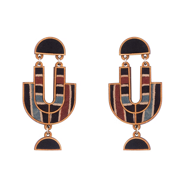 WHE Black Stripe Ajrakh Repurposed Fabric and Wood Earrings