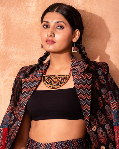 WHE Black Upcycled Ajrakh Fabric and Repurposed Wood Maze Necklace
