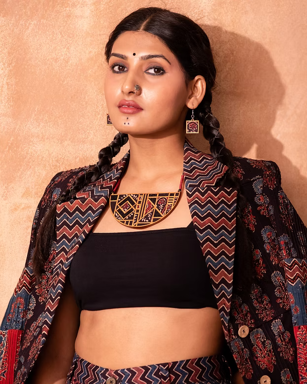 WHE Black Upcycled Ajrakh Fabric and Repurposed Wood Maze Necklace
