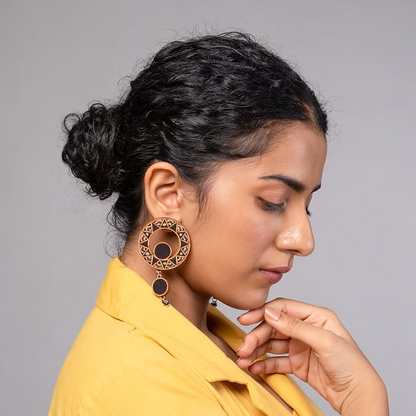 WHE Black Wheel Repurposed Ajrakh Fabric and Wood Earrings