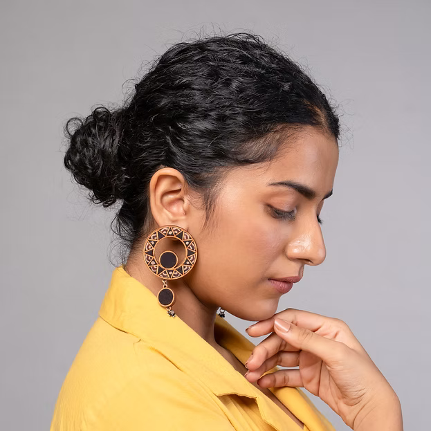 WHE Black Wheel Repurposed Ajrakh Fabric and Wood Earrings