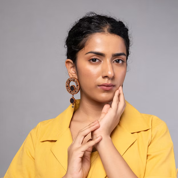 WHE Black Wheel Repurposed Ajrakh Fabric and Wood Earrings