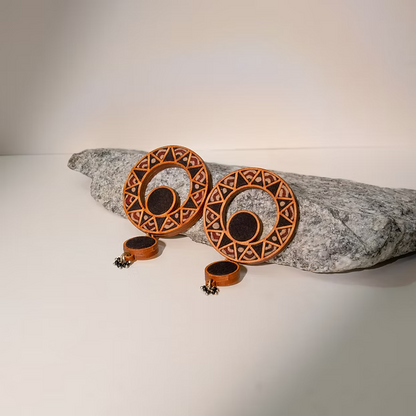 WHE Black Wheel Repurposed Ajrakh Fabric and Wood Earrings