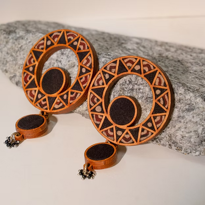 WHE Black Wheel Repurposed Ajrakh Fabric and Wood Earrings