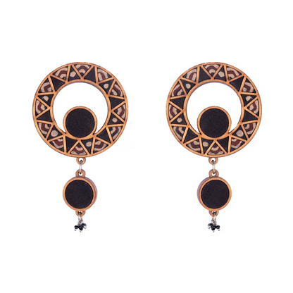 WHE Black Wheel Repurposed Ajrakh Fabric and Wood Earrings